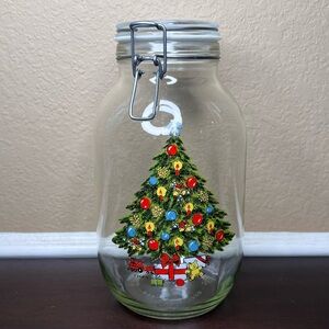 Vintage 1980s Carlton Glass Christmas Tree Cookie Jar – 3L Wire Bail Canister
